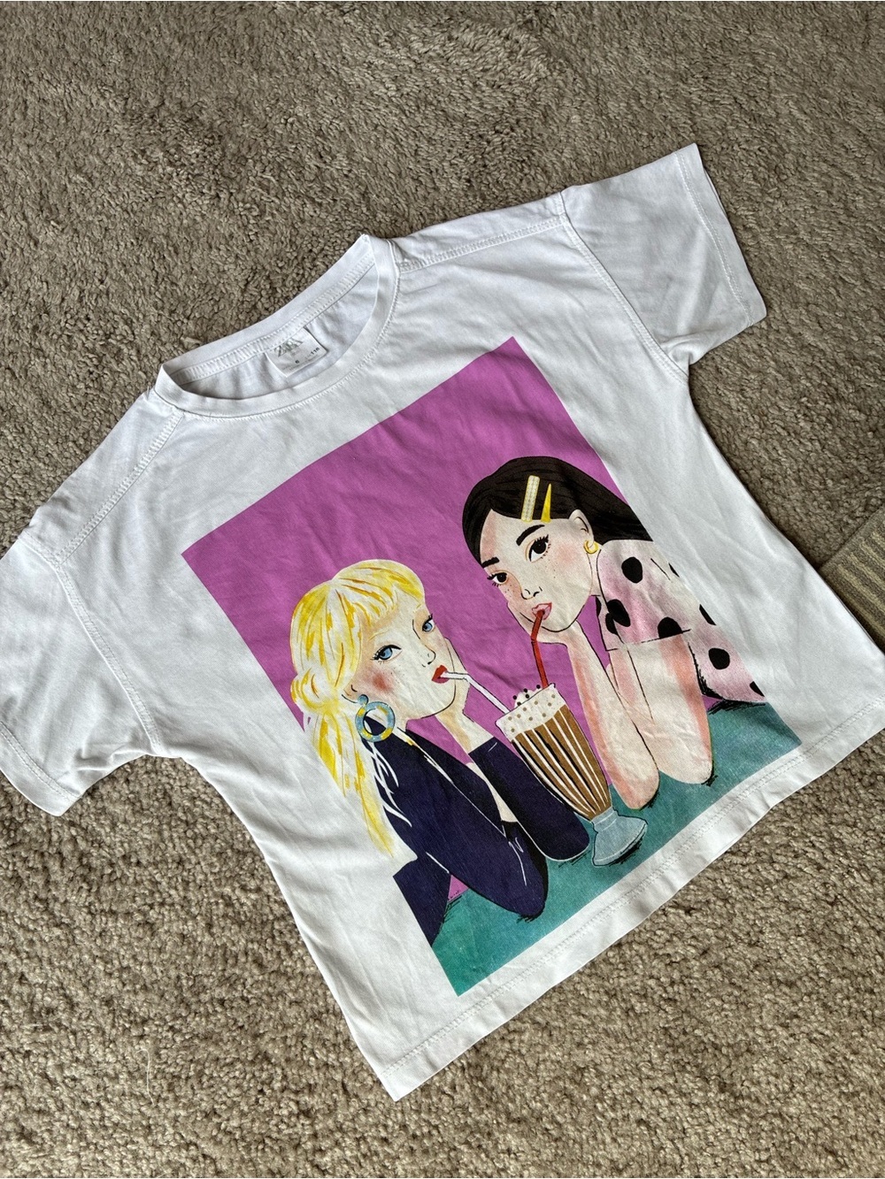 Zara White Kids Tee with Pink Panel and Illustrated Girls